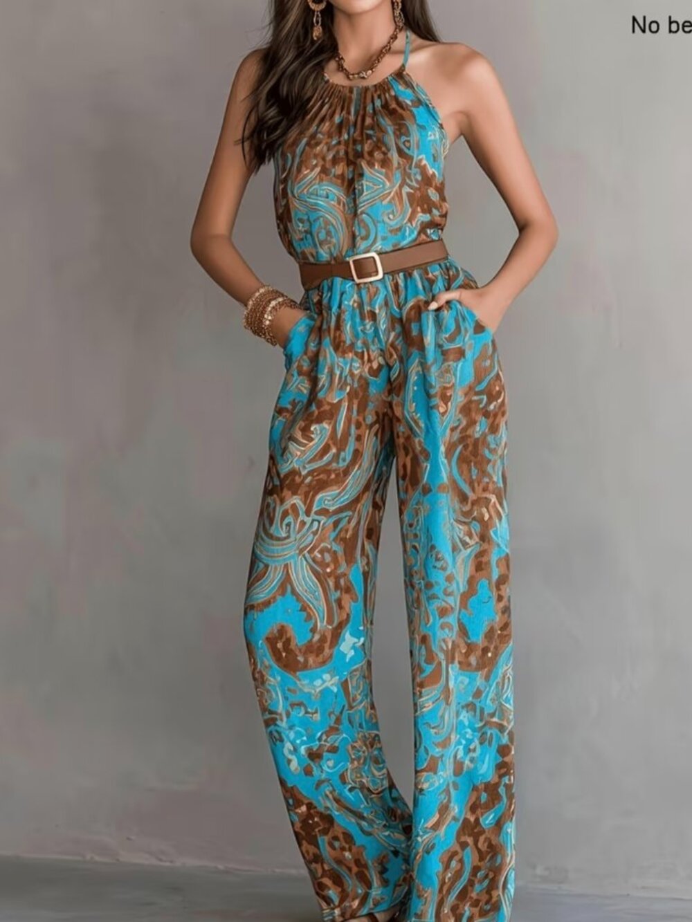 Bohemian Style Backless Printed Wide-Leg Jumpsuit, Waist-Cinching Design